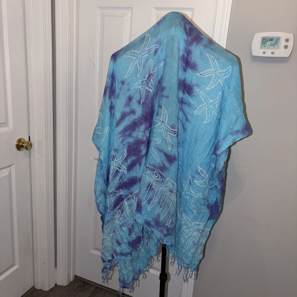 Vintage Sarong 90s Hand dyed Beach Wrap Boho Starfish‎ Ocean Motif Minor Flaws